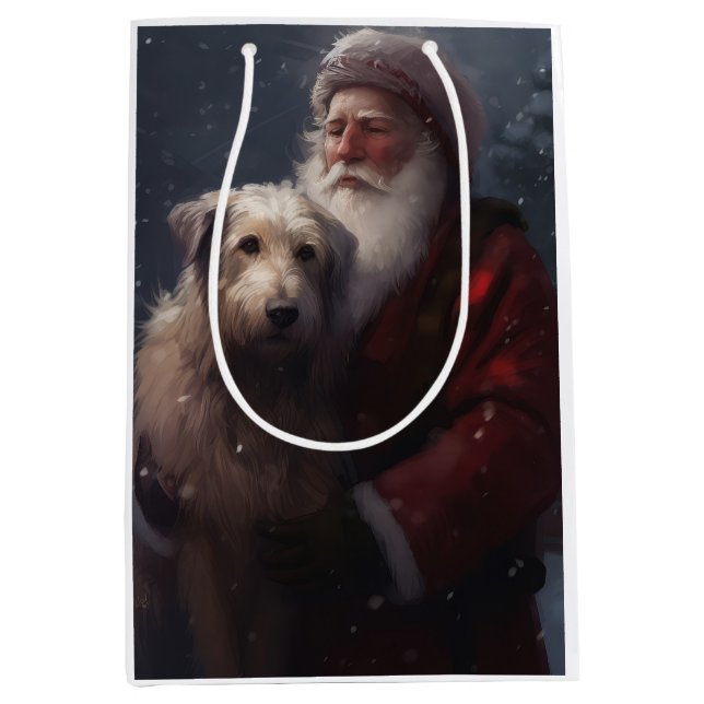 Sacola Para Presentes Média Wolfhound com Papai Noel Natal Festivo (Frente)