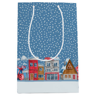 Sacola Para Presentes Média Wonderland Snowy Cabin Blue Gift Bag