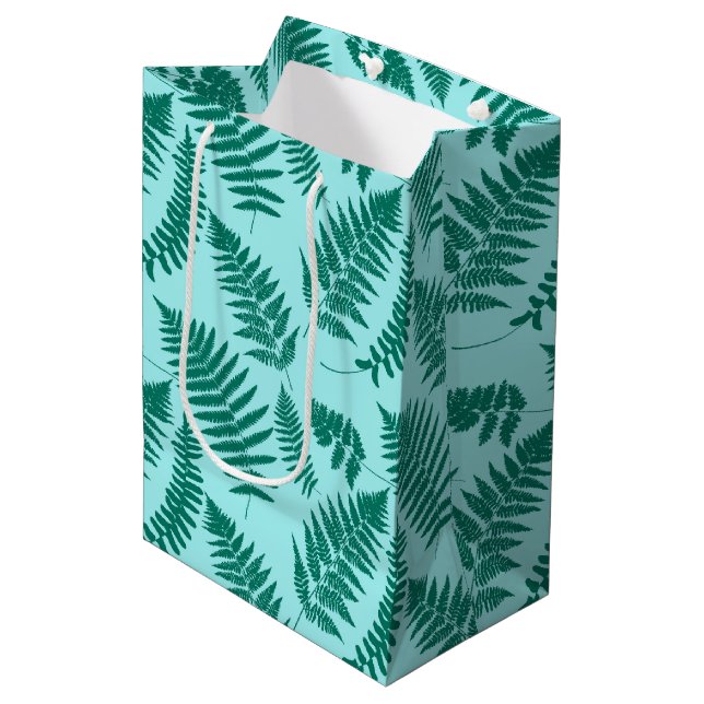 Sacola Para Presentes Média Woodland Fern Pattern, Turquoise e Aqua (Frente inclinada)
