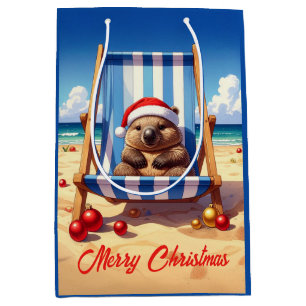 Sacola Para Presentes Média Wooly Wombat Santa hat Feliz Natal