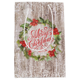 Sacola Para Presentes Média Wreath Christmas Rustic Wood Red Holly Typografia