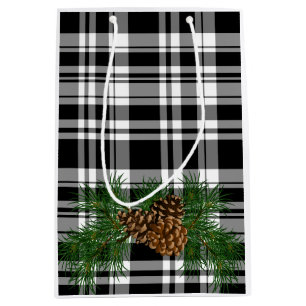 Sacola Para Presentes Média Xadrez branca preta de Natal com detalhes do cone