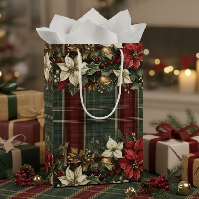 Sacola Para Presentes Média Xadrez Clássica Elegante Poinsettias Vermelhas Hol (Criador carregado)