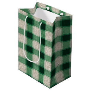Sacola Para Presentes Média Xadrez de Creme Verde