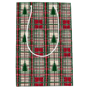 Sacola Para Presentes Média Xadrez de Natal Vermelha e Verde