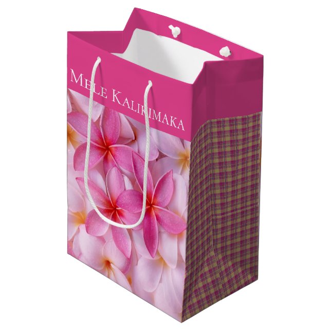 Sacola Para Presentes Média Xadrez de Plumeria de Natal Bag-Mele Kalikimaka (Frente inclinada)