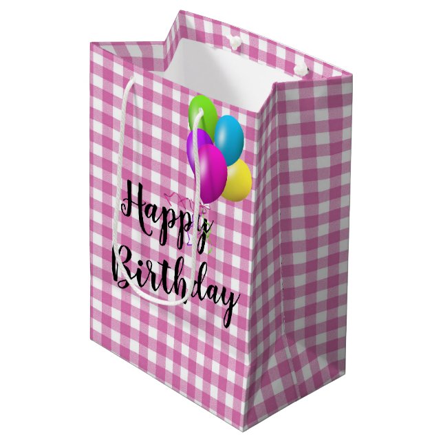 Sacola Para Presentes Média Xadrez Rosa e Branco de Aniversário (Frente inclinada)