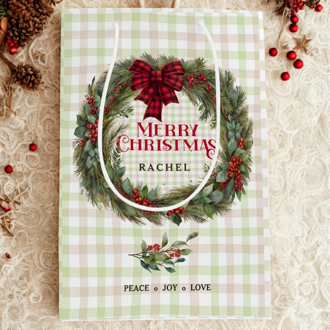 Sacola Para Presentes Média Xadrez Verde Moderna Farmhouse Wreath de Natal (Criador carregado)