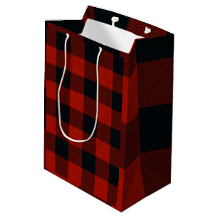 Sacola Para Presentes Média Xadrez Vermelho e Preto Quadrados Plaid de Búfalo