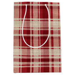 Sacola Para Presentes Média Xadrezes de Creme Vermelho