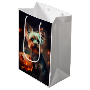 Sacola Para Presentes Média Yorkshire Terrier de Halloween com Abóboras Assust