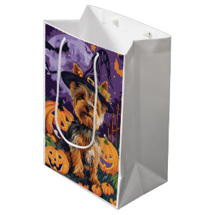 Sacola Para Presentes Média Yorkshire Terrier Dog Halloween Witée E Pumpkin