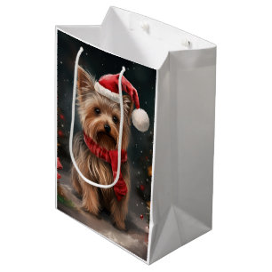 Sacola Para Presentes Média Yorkshire Terrier Dog no Natal da neve