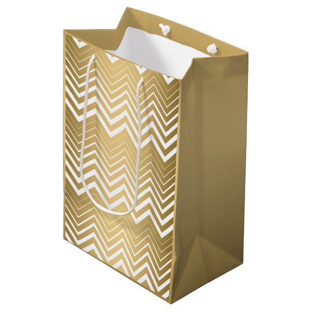Sacola Para Presentes Média Zigzag Chevron Dourado E Branco (Frente inclinada)