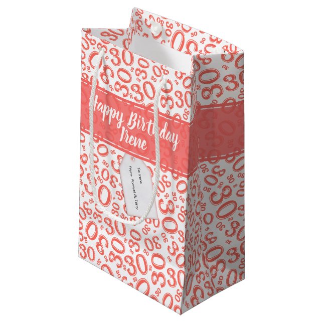 Sacola Para Presentes Pequena 30th Birthday Random Number Pattern Coral/White (Frente inclinada)