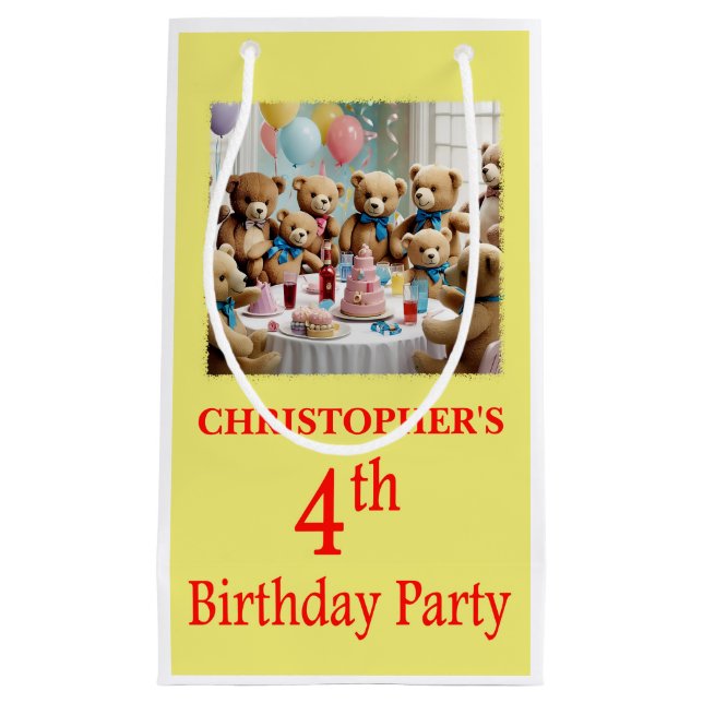 Sacola Para Presentes Pequena 4ª Festa de Aniversário Festa Teddy Bears (Frente)