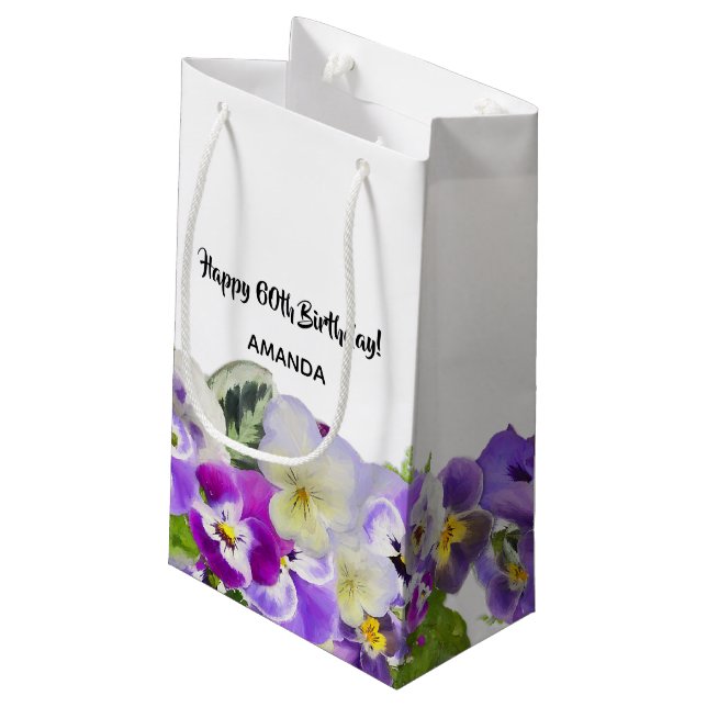 Sacola Para Presentes Pequena 60th Birthday purple florals monogram (Verso inclinado)