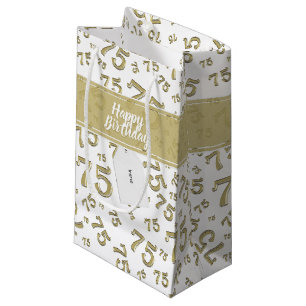 Sacola Para Presentes Pequena 75.º aniversário feliz, Dourado/padrão branco