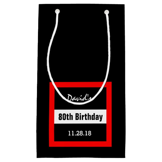 Sacola Para Presentes Pequena 80 Aniversário preto com quadro vermelho personali (Frente)