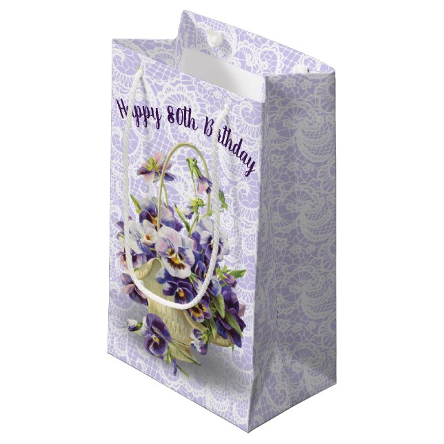 Sacola Para Presentes Pequena 80 Birthday Pansy Basket On Lace (Frente inclinada)