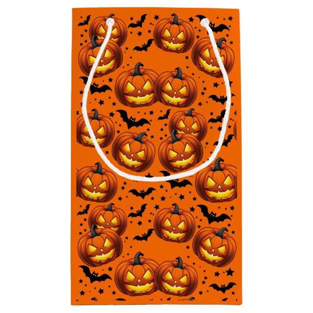 Sacola Para Presentes Pequena Abóbora-de-Halloween e Morcegos (Verso)