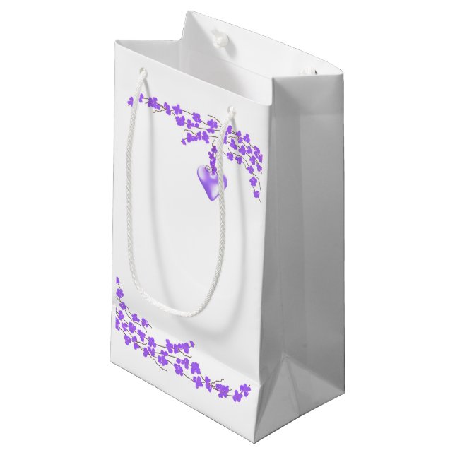 Sacola Para Presentes Pequena Acento de Coração com Flores Roxas (Frente inclinada)