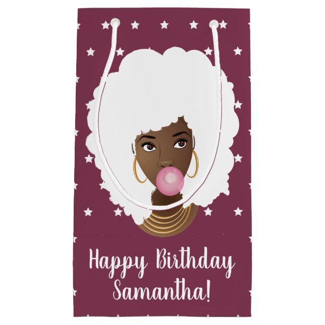 Sacola Para Presentes Pequena Afro Branco, Bublegum, Estrelas, Roxo (Frente)