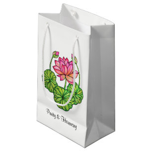 Sacola Para Presentes Pequena Aguarela Lotus cor-de-rosa com botões & folhas