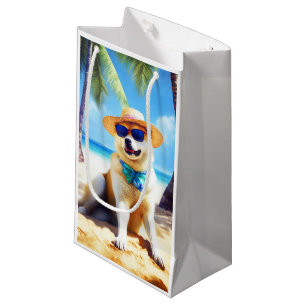 Sacola Para Presentes Pequena Akita na Praia, presente de verão para amantes de