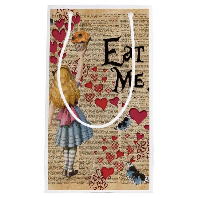 Sacola Para Presentes Pequena Alice no país das maravilhas come-me muffin (Frente)