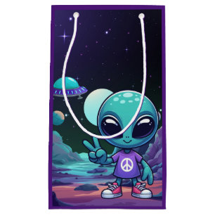 Sacola Para Presentes Pequena Alienígena de paz e nave espacial