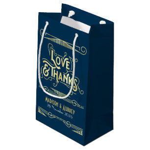 Sacola Para Presentes Pequena Amor e Obrigados Art Deco Casamento Dourado Azul F