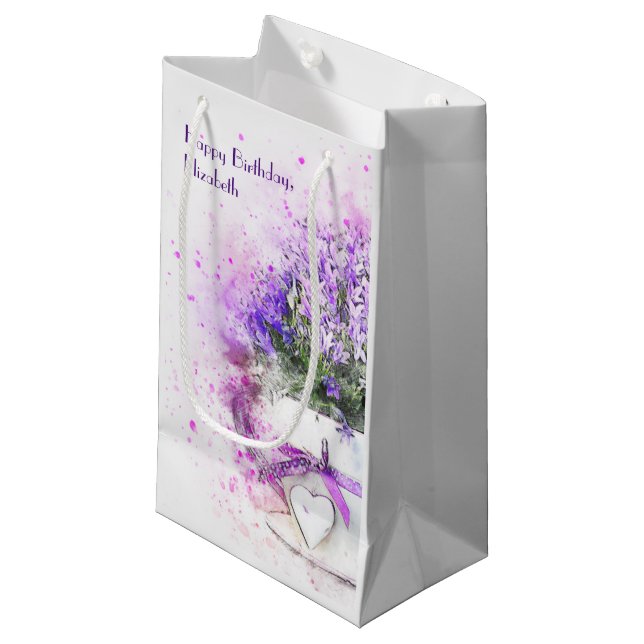 Sacola Para Presentes Pequena Aniversário da Lavanda Floral Personalizada (Frente inclinada)