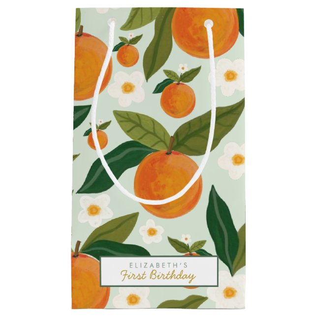 Sacola Para Presentes Pequena Aniversário das Flores Laranja Pequenas (Frente)