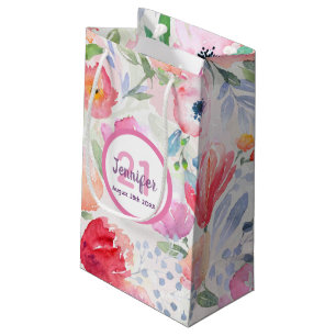 Sacola Para Presentes Pequena aniversário de 21 anos rosa púrpura floral nome el