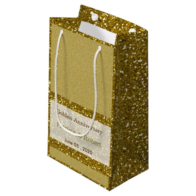 Sacola Para Presentes Pequena Aniversário de Casamento do Ouro Dourado Glitter 5 (Frente inclinada)