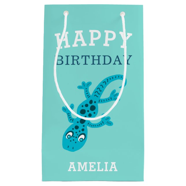 Sacola Para Presentes Pequena Aniversário de criança de Gecko Lizard Blue Boy (Frente)