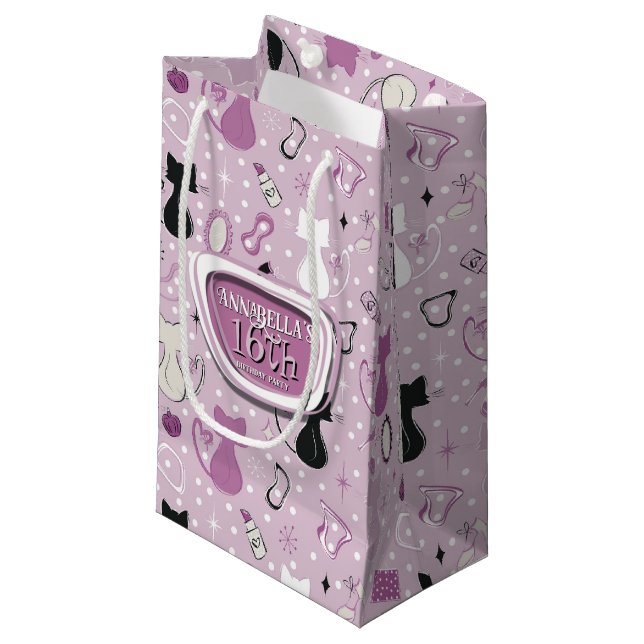 Sacola Para Presentes Pequena Aniversário de Gatos Cardíacos Roxos de meio sécul (Frente inclinada)