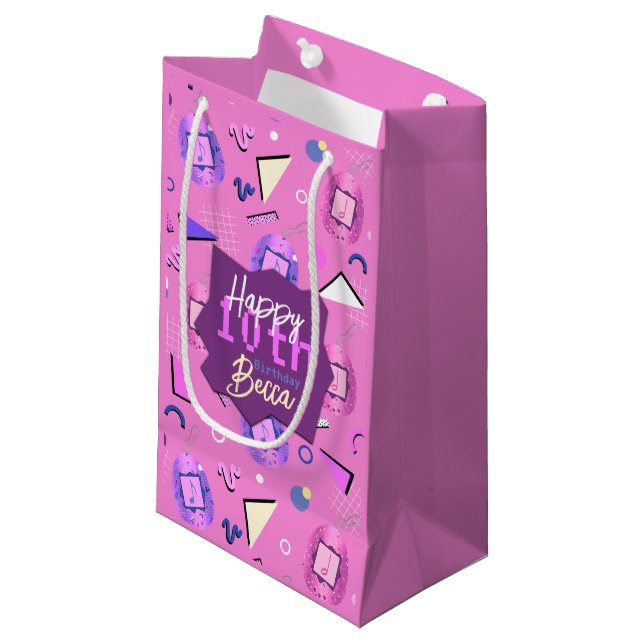 Sacola Para Presentes Pequena Aniversário do Tamagotchi Rosa Retro (Frente inclinada)