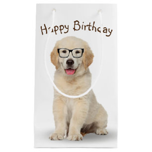 Sacola Para Presentes Pequena Aniversário Ouro Retriever Puppy com Óculos