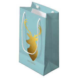 Sacola Para Presentes Pequena Aqua e Faux Gold Foil Deer Head
