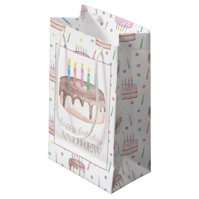 Sacola Para Presentes Pequena Aquarela Chocolate Birthday Cake Personalizado (Frente inclinada)