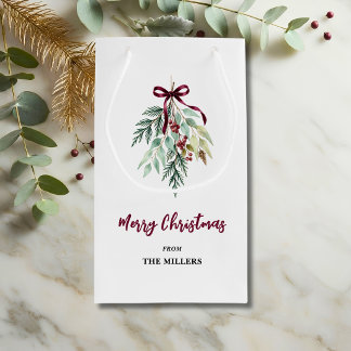 Sacola Para Presentes Pequena Aquarela Natal Verde Burgundy
