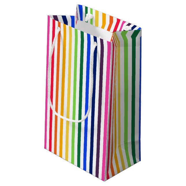 Sacola Para Presentes Pequena Arco-íris e listras brancas (Verso inclinado)