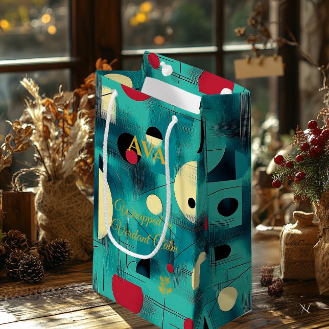 Sacola Para Presentes Pequena Arte Contemporânea de Vibrações Geométricas Teais  (Criador carregado)