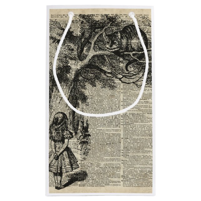 Sacola Para Presentes Pequena Arte de Alice e de estêncil de Cheshire na página (Verso)