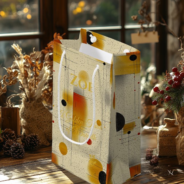 Sacola Para Presentes Pequena Arte Geométrica Contemporânea Beige & Ouro (Criador carregado)