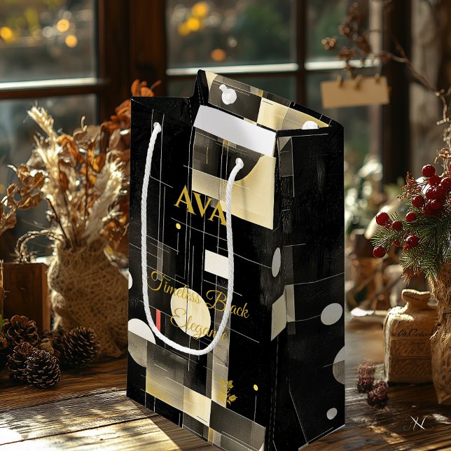 Sacola Para Presentes Pequena Arte Geométrica de Eternos Negra e bege (Criador carregado)