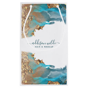 Sacola Para Presentes Pequena Arte Moderna Azul e Dourada Tinta Líquida Negócios