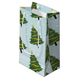 Sacola Para Presentes Pequena Árvore de Natal de inverno decorada com neve azul